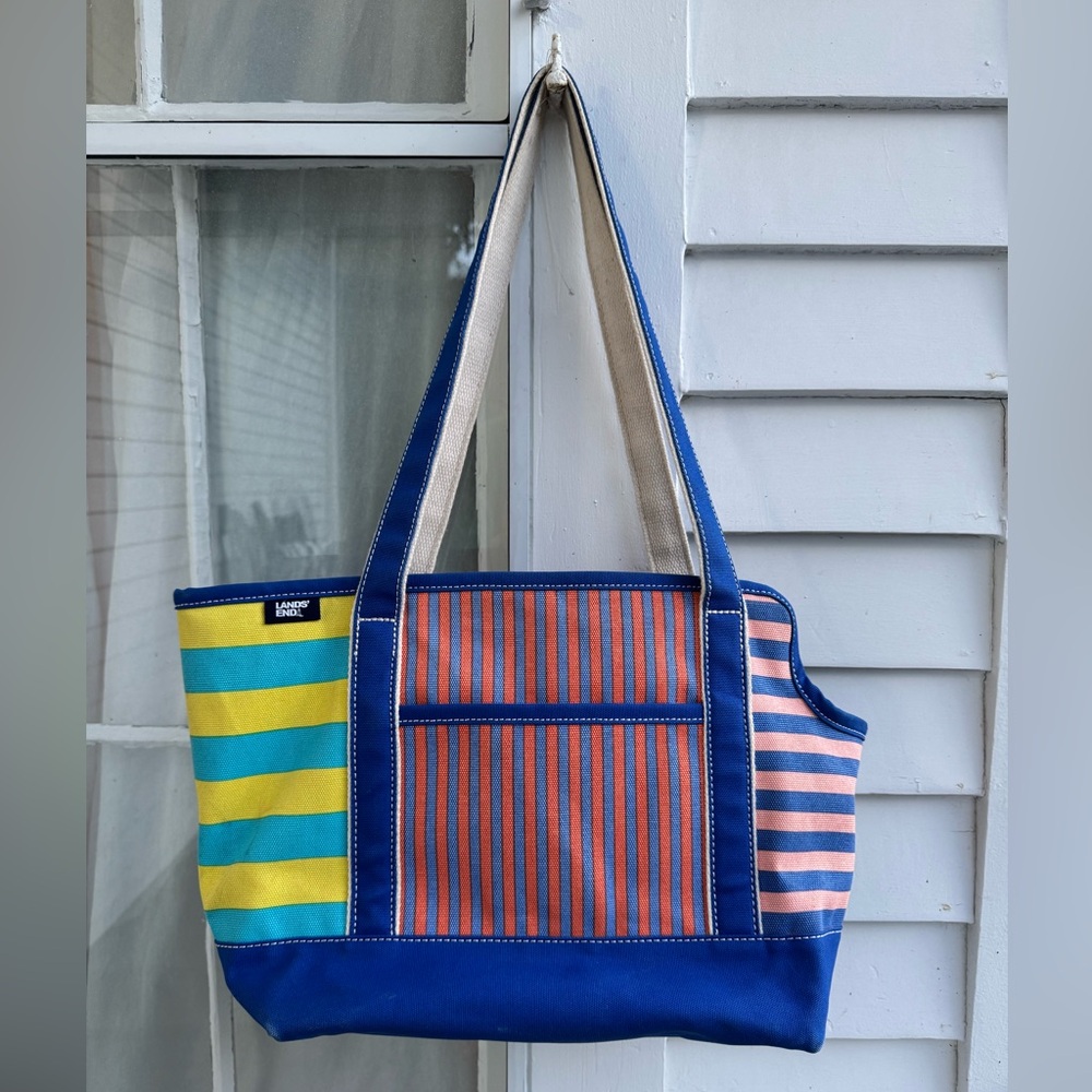 Lands' End Blue Pink Yellow Striped Canvas Cotton Dog Carrier Tote Bag